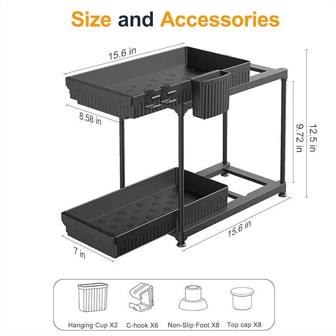 2 Pack Double Sliding Under Sink Organizers and Storage, 2 Tier Under Bathroom Cabinet Shelf Organizer with Hooks Hanging Cup, Home Organization, Black-NeatNest