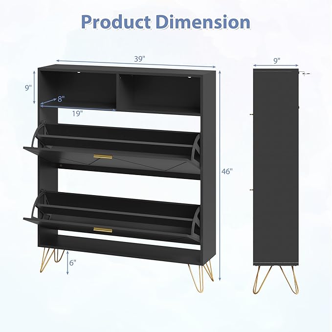 Shoe Cabinet with 2 Flip Drawers, Black Shoe Organizer Cabinet for Entryway Slim, Hidden Shoe Storage with Open Shelf & Metal Legs, Freestanding Tipping Bucket Shoe Rack Cabinet-NeatNest