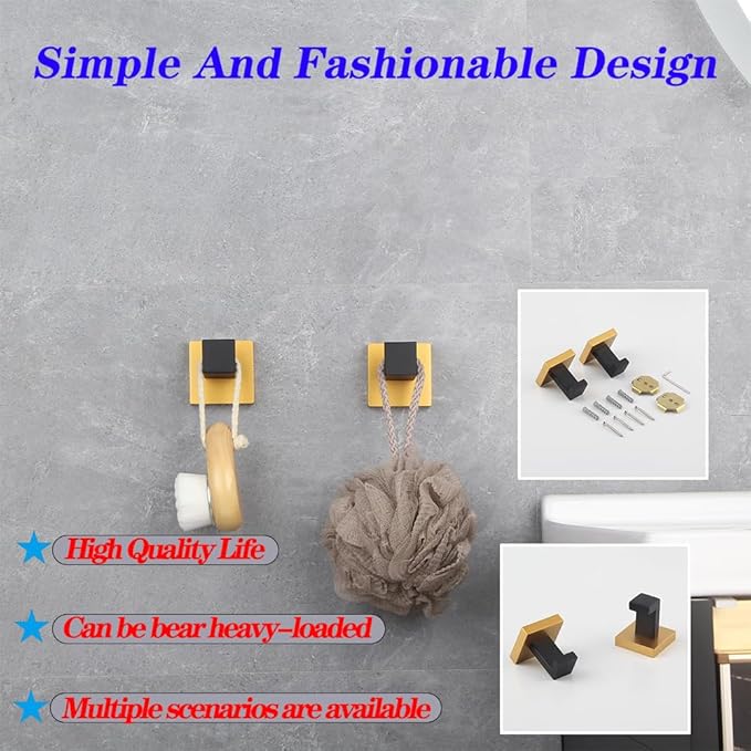 GERZWY Bath Single Coat Hook Stainless Steel Wall Mounted Robe Clothes Hook for Bathroom Modern Style (Black & Gold) FG1607-2BD