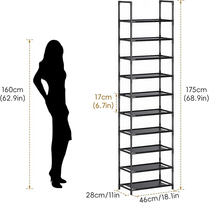 barsone Shoe Rack 10 Tiers, 20-25 Pairs Shoe Organizer Storage Shelf Stand Tower Shoe Rack, Space Saving Shoe Shelves Narrow Free Standing Shoe Rack for Closet Entryway Hallway Apartment Garage-NeatNest