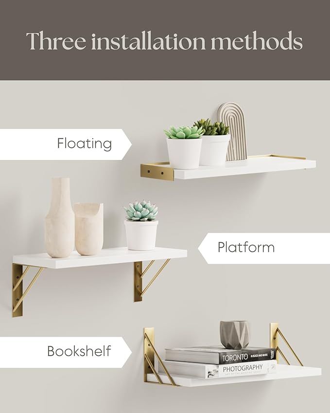BAYKA Wall Shelves for Bedroom Decor, Floating Wall Shelves for Living Room Kitchen Storage, Wall Mounted Rustic Wood Shelves for Kids Books,Corner Shelves for Bathroom(White and Gold,Set of 3)-NeatNest