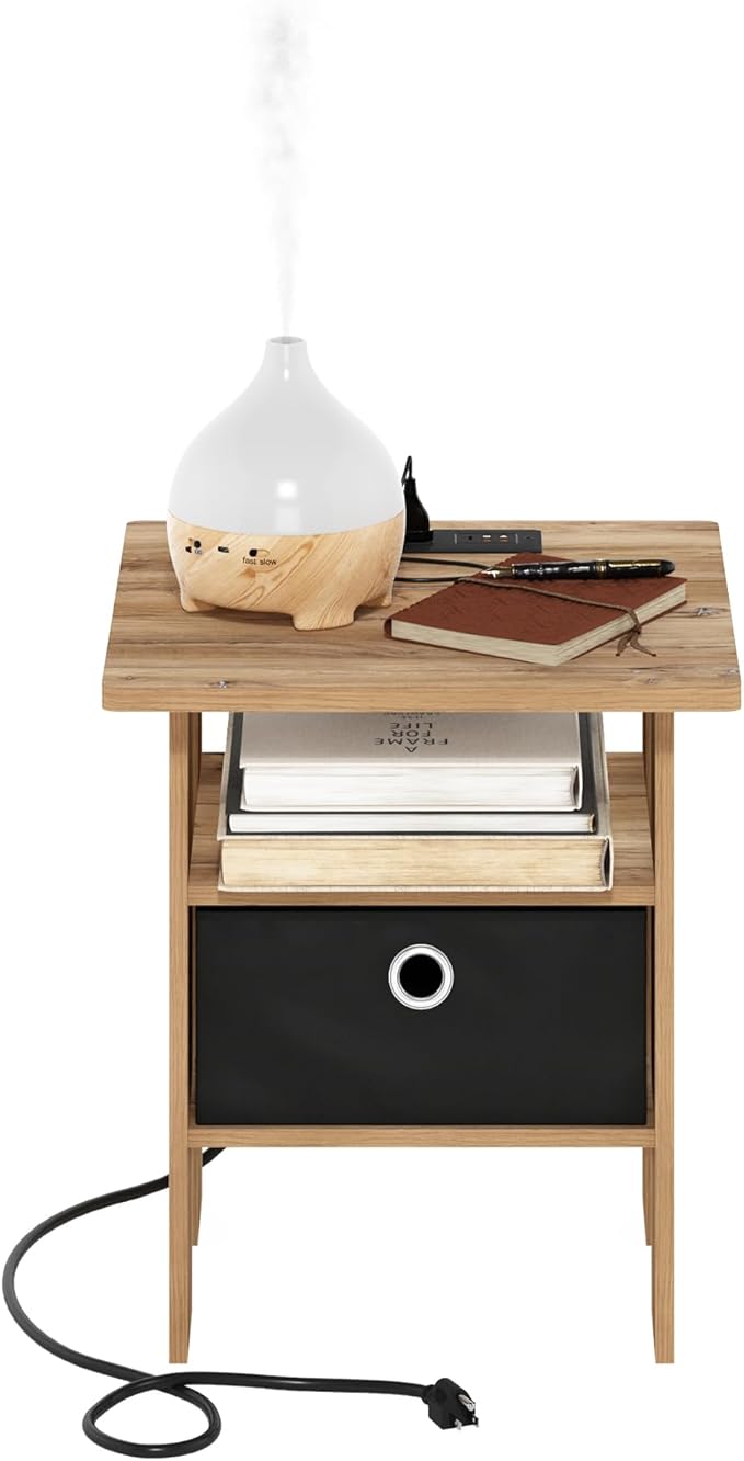 Furinno Andrey USB and Type-C Port Charging Station End Table with Storage Bin, 15.55 (W) x 12.56 (H) x 8.5 (D) inches, Flagstaff Oak/Black