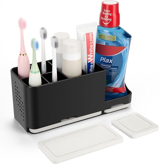Toothbrush Holder for Bathroom Organizer with Diatom mud Board,Detachable 8 Slots Kids Electric Toothbrush Holder and Toothpaste Stand for Countertop Accessories Storage (Black)