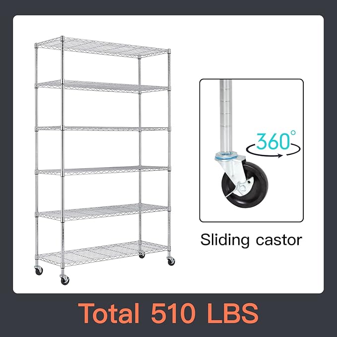 48" D×18" W×82" H Wire Shelving Unit Metal Shelf with 6 Tier Casters Adjustable Layer Rack Strong Steel for Commercial Restaurant Garage Pantry Kitchen Garage,Chrome-NeatNest