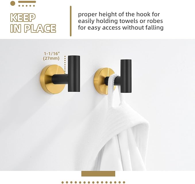 Angle Simple Black & Gold Towel Hook 2 PCS, Stainless Steel Bathroom Robe Holder, Round Coat Hand Towel Hanger, Wall Mounted