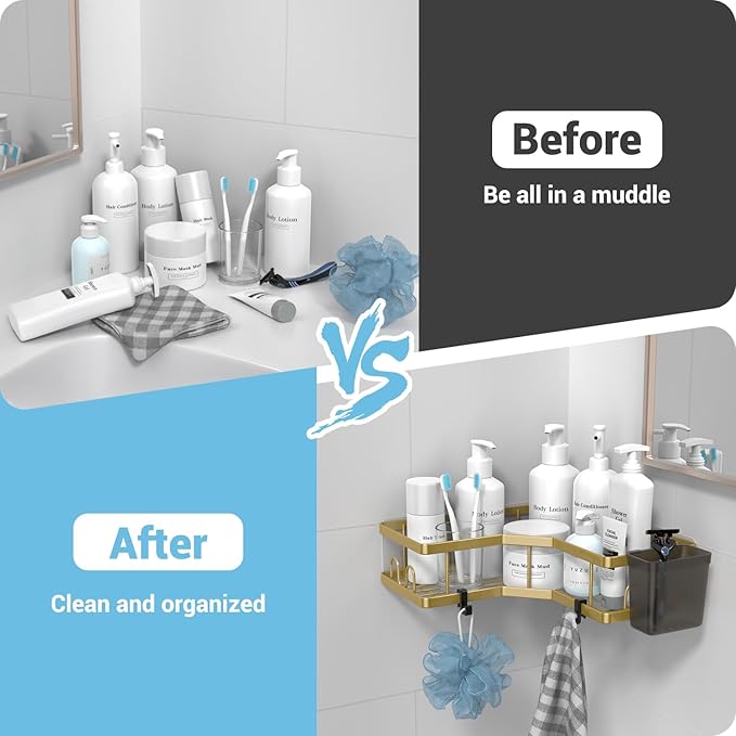 Corner Shower Caddy Organizer Shelf 2Pack Adhesive Shower Corner Organizer Shelves, No Drilling Stainless Steel Shower Storage Rack with Hooks&Toothpaste Holder for Bathroom Kitchen