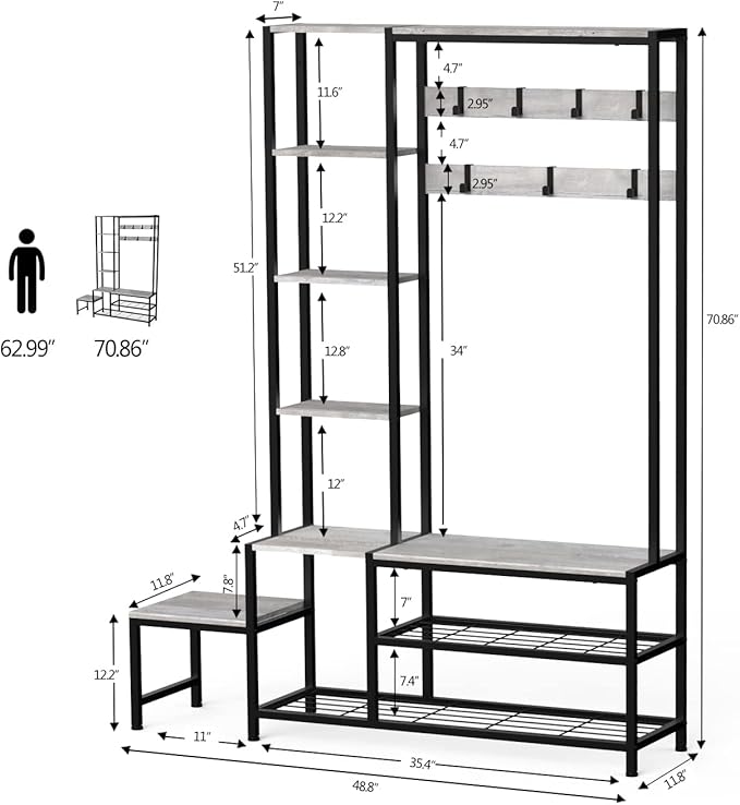 Hall Tree with Shoe Storage Bench Coat Rack with 7 Hooks Interchangeable 4 Tier Side Storage Shelves Small Cute Side Bench Industrial 5-in-1 Entryway Coat Rack for Hallway Mudroom Bedroom