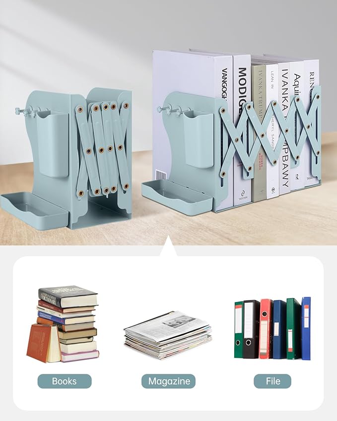 Honagu Adjustable Bookends, Metal Book Ends for Shelves Heavy Book, Desk Magazine File Organizer for Home, Office, Books, Papers with Removable Hook, Pen Holder(Green)