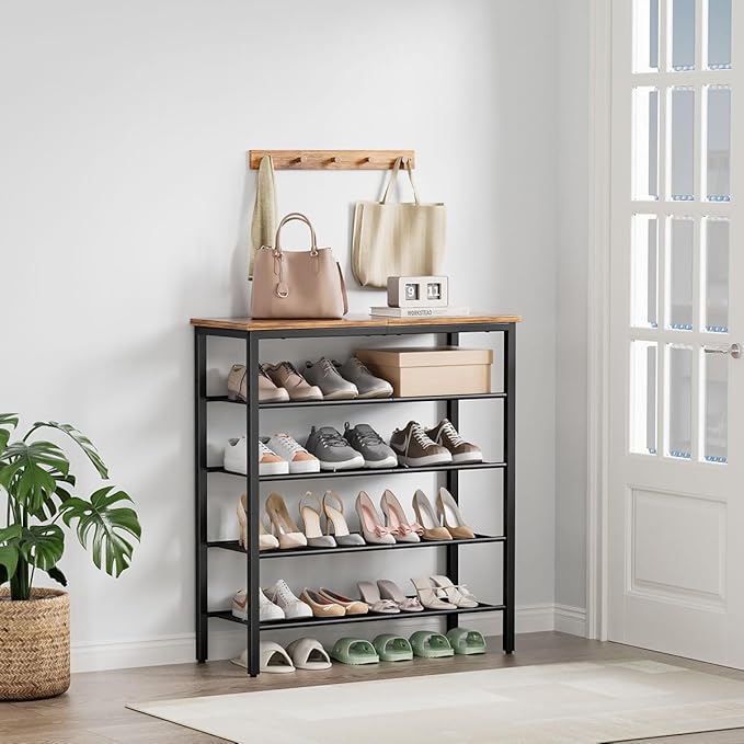 Shoe Rack, 5-Tier Shoe Storage Organizer with 4 Metal Mesh Shelves for 15-20 Pairs, Free Standing Shoe Racks, for Entryway, Hallway, Closet, Dorm Room, Industrial, Rustic Brown-NeatNest