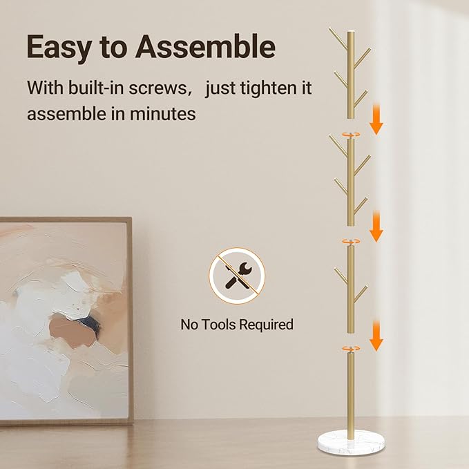 ELYKEN Coat Rack Freestanding with Natural Marble Base, Metal Coat Rack Stand with 10 Hooks, 3 Adjustable Size Coat Tree for Bags, Clothes, and Hats for Entryway, Bedroom, Hallway, Office, Gold-NeatNest