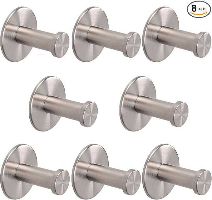 Bath Towel Hooks, 8 Pack Self Adhesive Coat Hooks, Sturdy No Drilling Robe Hook, SUS 304 Stainless Steel Heavy Duty, Wall Hooks for Bathroom Bedroom Kitchen (2 in, Brushed)
