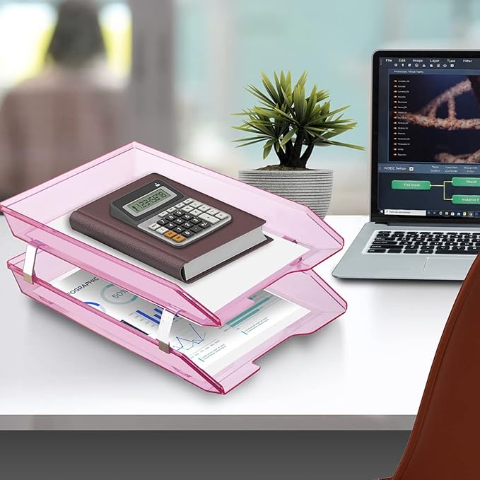 Acrimet Facility 2 Tier Letter Tray, Front Load, Letter Size/A4, Desktop File Organizer, Plastic (Clear Pink Color)-NeatNest