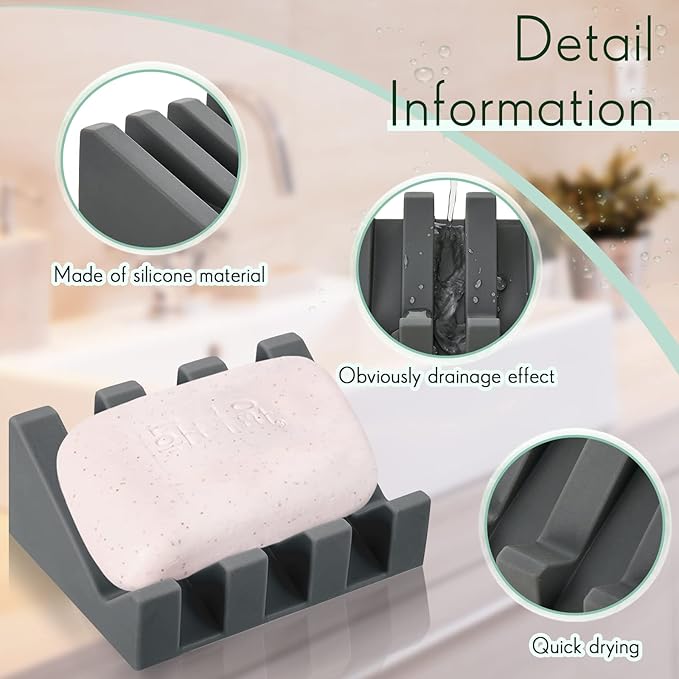 Cunhill 2 Pieces Silicone Soap Dish Self Draining Soap Dish Shower Waterfall Bar Soap Holder Tray with Drain Soap Saver for Kitchen Bathroom Accessories (Dark Grey)-NeatNest