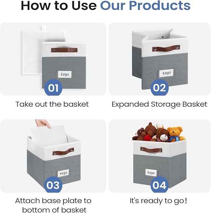 6-Pack Collapsible Fabric Storage Cubes with Handles & Label Holders, Closet Cube Home Organizer Bins (White/Dark Grey, 10.5*10.5*11 inch)