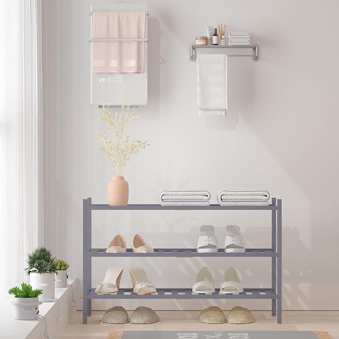 Shoe Rack, 3 Tier Bamboo Shoe Rack for Closet, Stackable Wooden Shoe Organizer, Free Standing Wood Shoe Shelf for Entryway Small Space, 27" x 11" x 20", Grey-NeatNest