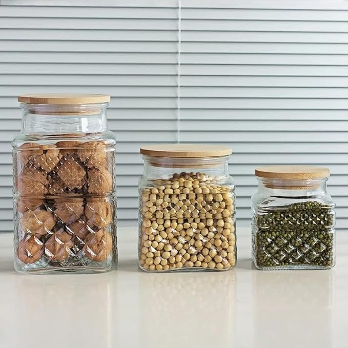 ANSQU Square Glass Jar, Candy Jar with Lid, Glass Food Storage Containers for Ground Coffee, Tea, Sugar, Decorative Mason Jar (Transparent, 37oz)