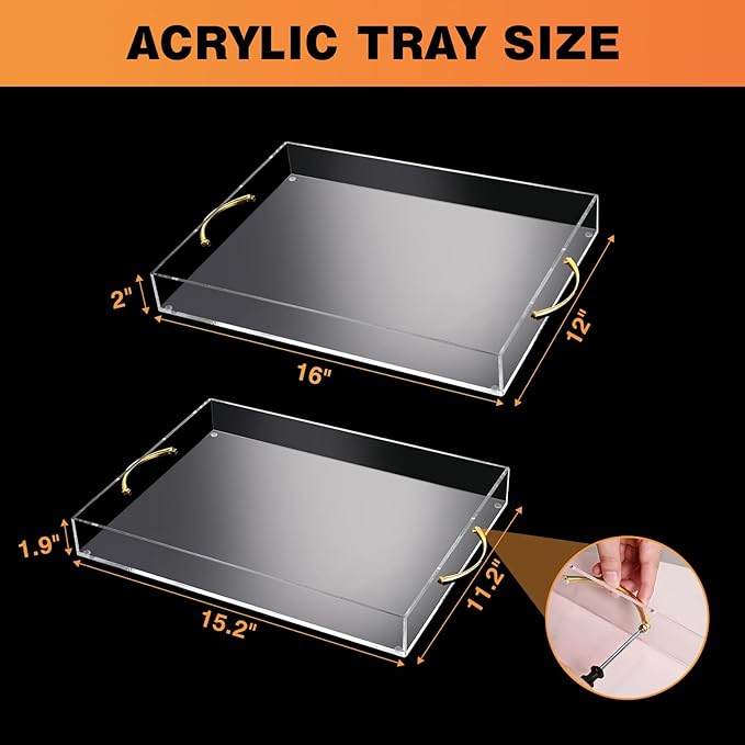 Acrylic Serving Tray with Gold Handles 2 Pcs, Clear Acrylic Tray for Coffee Table Countertop Serving Food, Large Capacity, 16"x12" & 15.2"x11.2"