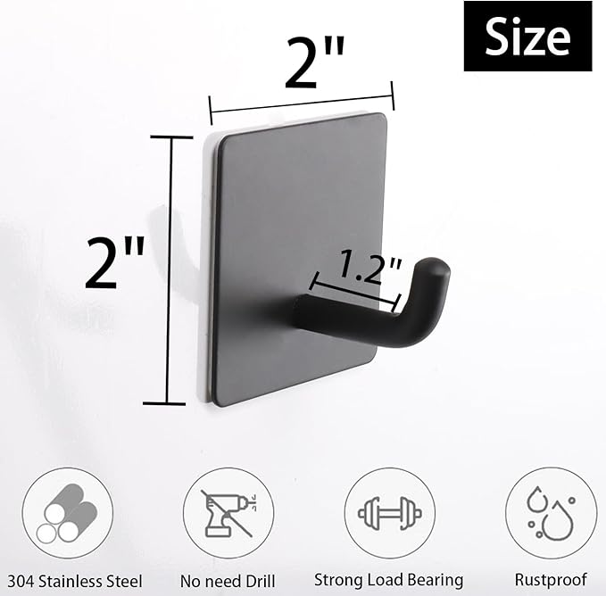 Bath Towel Hooks, 4 Pack Strong Self Adhesive Coat/Clothes Hooks, No Drilling Sticky Hooks, Heavy Duty 304 Stainless Steel Shower Wall Hook for Bathroom Kitchen Bedroom(Matte Black)