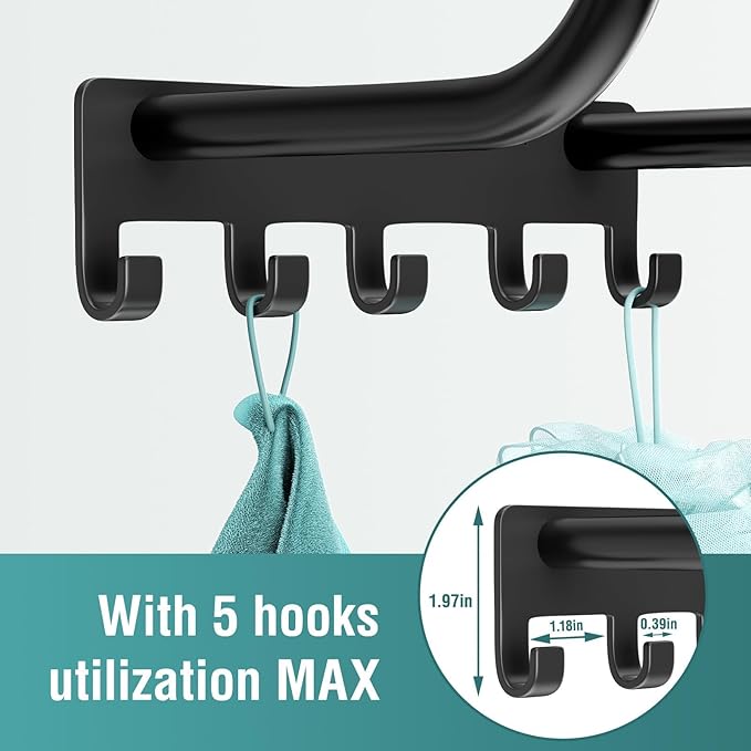 Towel Rack Bathroom Wall Holder: 27.9 Inch Wall Mounted Shower Organizer, for Rolled Towel Storage, 2 Metal Racks Plus Extra 5 Hooks, for Modern Small Space Bathroom RV Campers (Matte Black)