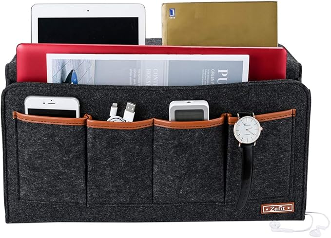 Bedside Caddy, 7 Pockets Large Size Bedside Organizer Caddy for Magazine Remotes Phone (17.3'' x 18.1'', Dark Grey)-NeatNest