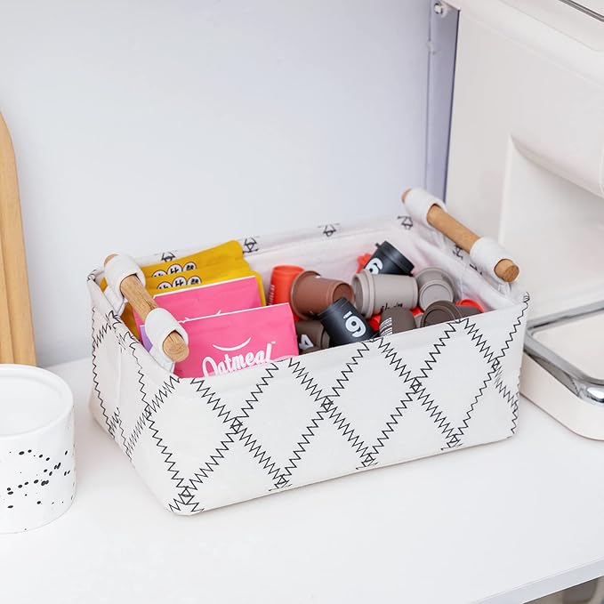 Decorative Collapsible Rectangular Fabric Storage Bin Organizer Basket with Wooden Handles for Clothes Storage,12.6x8.7x4.7 inch,White-NeatNest