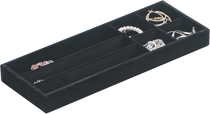 Divided Drawer Organizer Tray, Velvet Jewelry Storage Tray, Necklace Bracelet Ring Earring Display Tray,Bedside Nightstand Desk Holder Tray for Phone Watch Sunglasses Cosmetics Storage/Black/7grid-NeatNest