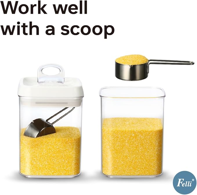 Felli Flip Tite Food Storage Containers With Lid 5" LARGE Airtight Ring Lock Flip Top, Square Acrylic Canister Jar for Rice Sugar Flour Protein Powder, Kitchen Pantry Organizer, Gift Set (1.8qt)-NeatNest