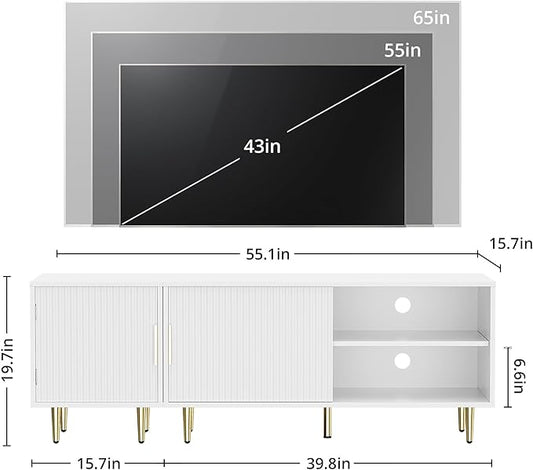 Combined Modern TV Stand for 55/60/65 inch TV, Small Entertainment Center with Adjustable Shelf, TV Media Stand with Storage Cabinet, TV Console with Gold Legs for Living Room, Bedroom, White-NeatNest