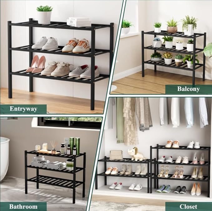 Smiry Shoe Rack, 3 Tier Bamboo Shoe Organizer, Stackable Free Standing Wooden Shoe Storage Shelf for Closet, Entryway, Front Door Entrance, Black-NeatNest