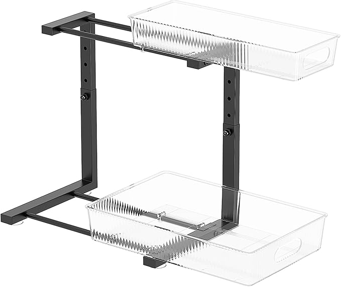 Under Sink Organizer, 2 Tier Pull Out Storage Organizer, Slide Out Storage Shelf for Bathroom & Kitchen, Under Cabinet Organizer and Storage with 5 Gears Height Adjustable (Black, 1 Pack)-NeatNest