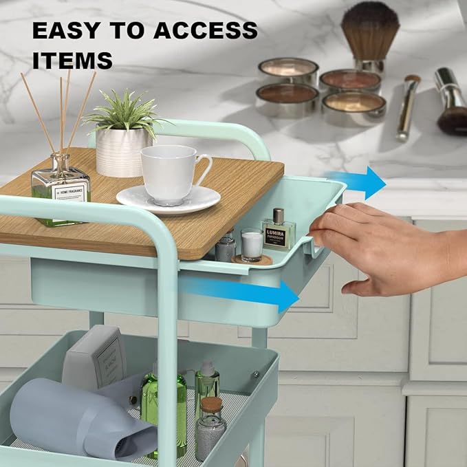 3 Tier Rolling Cart, Utility Cart with Drawer and Table Top, Metal Rolling Kitchen Storage Organizer Cart with Handle and Locking Wheels for Bathroom Office Balcony Living Room-NeatNest