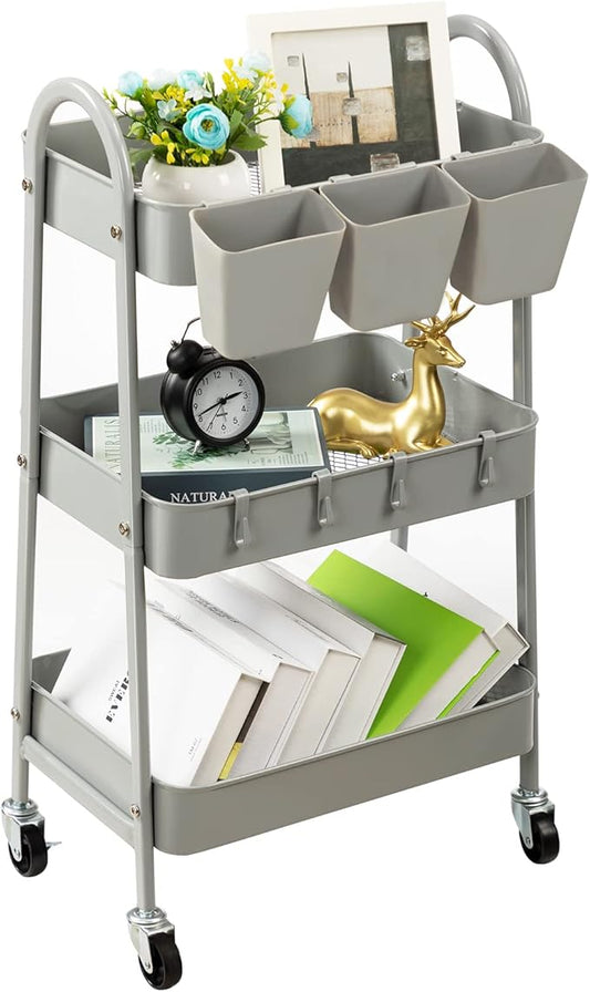 danpinera 3-Tier Rolling Cart, Metal Rolling Storage Cart with Lockable Wheels & Hanging Cups & Hooks, Mobile Trolley Cart for Kitchen, Bathroom, Office, Workshop, Gray-NeatNest