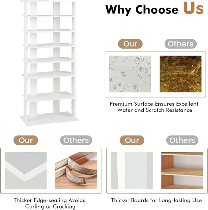 COSTWAY 7 Tiers Shoe Rack, Double Rows Vertical Tall Narrow Patented Shoe Organizer, Free Standing Shoe Rack for Small Space, Entryway, Closet, Living Room, Bedroom (White)-NeatNest
