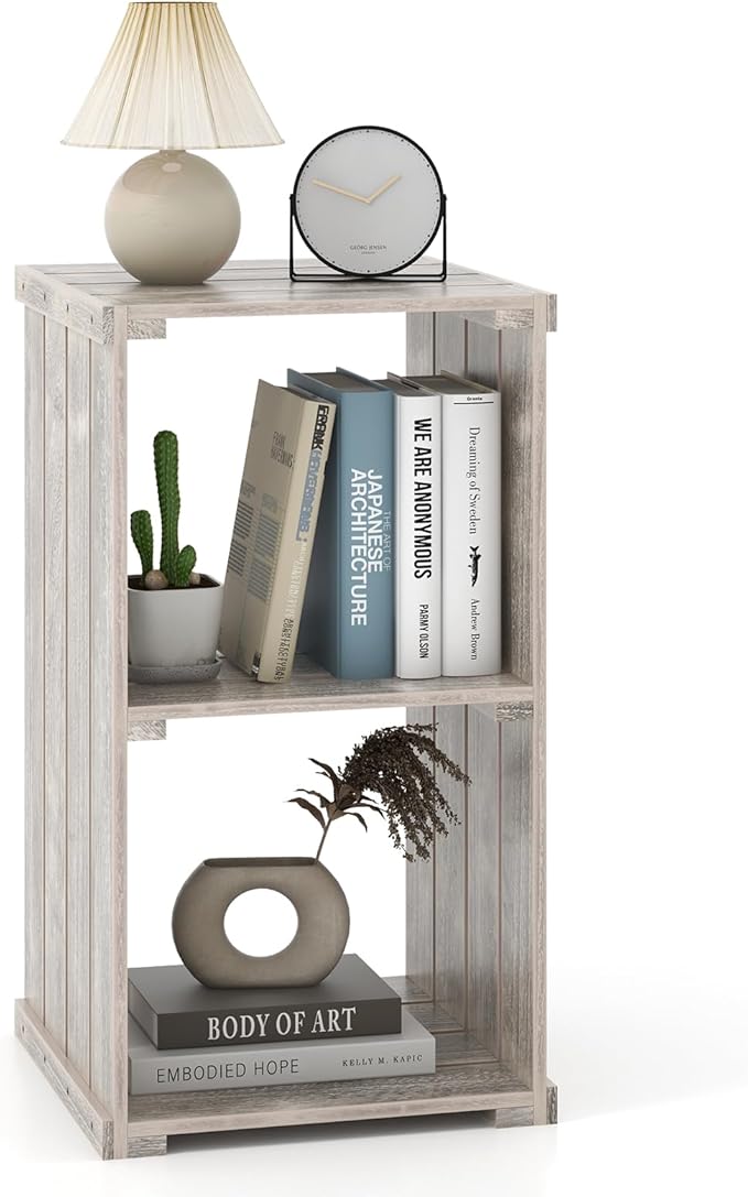 Giantex 2-Cube Bookcase, 3-Tier Paulownia Wood Cubic Organizer w/Open Back, Freestanding Cubby Storage Shelf, Slatted Wooden End Table, Farmhouse Style Bookcase for Living Room, Bedroom