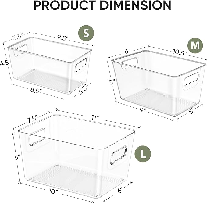 BALEINE Clear Plastic Storage Bins, Pantry Organization, BPA Free Stackable Refrigerator Organizers and Storage with Handles for Kitchen Fridge Cabinet Bathroom (8PK, 9.5x5.5x4.5)-NeatNest