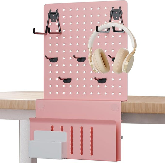 Desk Side Storage with Clamp-on Pegboard,Desk Side Storage,Steel Privacy Panel,No Drill Side Desk Organizer with Pen Holder,Table Side Organizer Laptop Holder for Office and Home (Pink)-NeatNest