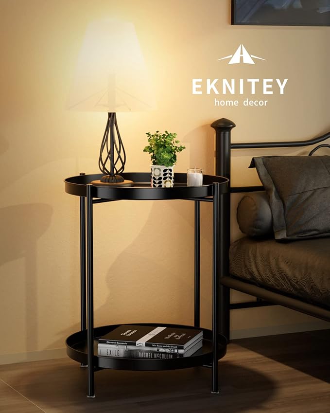 EKNITEY 2 Tier End Table - Metal Side Table Waterproof Small Sofa Coffee Side Tables Bedroom Indoor Outdoor with Removable Tray for Living Room Bedroom Balcony and Office (Black)-NeatNest