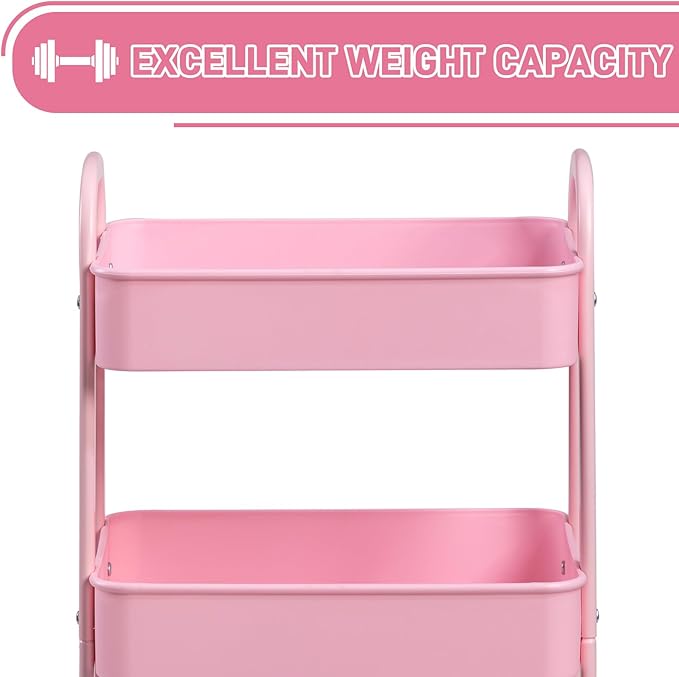 AGTEK 3-Tier Rolling Carts with Wheels, Rolling Utility Cart with Iron Frame for Kitchen, Plastic Shelves, Living Room, Office, Pink