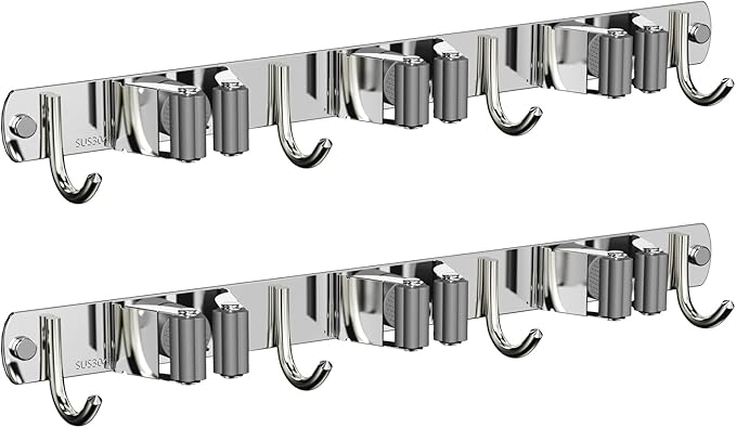 2 Pack Mop and Broom Holder Wall Mount, Non-slip Broom Hanger, Heavy Duty Mop Broom Organizer for Kitchen Garden Garage Laundry Room Wall Decor Organization and Storage Silver 3R4H-NeatNest