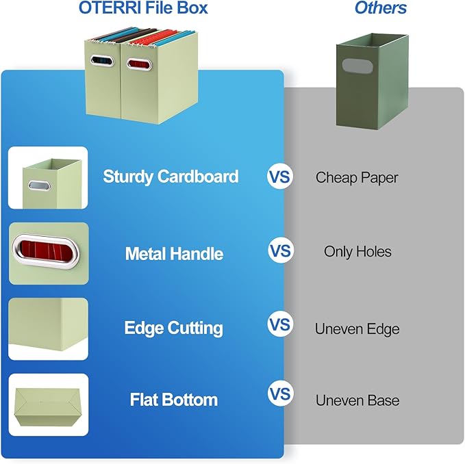 Oterri File Organizer, 6 Packs Small Storage Box, Cardboard File Folder Organizer, Collapsible File Box for Hanging File Folders Letter Size, Portable Filing Organizer with Handle(Green)