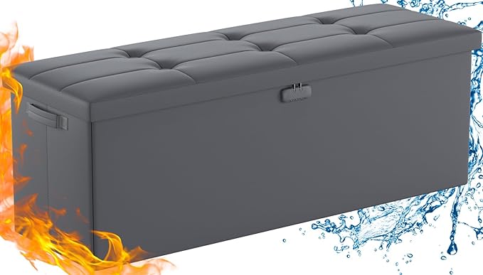 DocSafe Storage Ottoman Bench, Fireproof&Waterproof Folding Bench with Lock(15”x 43”x15”), Leather Storage Chest with Handles&2 Extra Boxes, Ottoman Safe for Bedroom,Living Room,Home Office, Gray-NeatNest