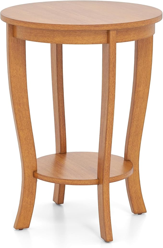 Giantex Round End Table, Retro Nightstand with Storage Shelf & Solid Wood Legs, 24.5" Accent Side Table for Small Spaces, Wood Bedside Night Stand for Living Room Bedroom, Light Brown