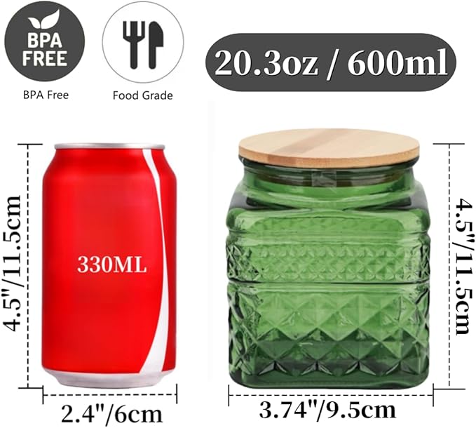 ANSQU Square Glass Jar, 20.3oz Candy Jars with Lid, Glass Food Storage Containers for Ground Coffee, Tea, Sugar, Decorative Mason Jar, Cute Jar (Green)