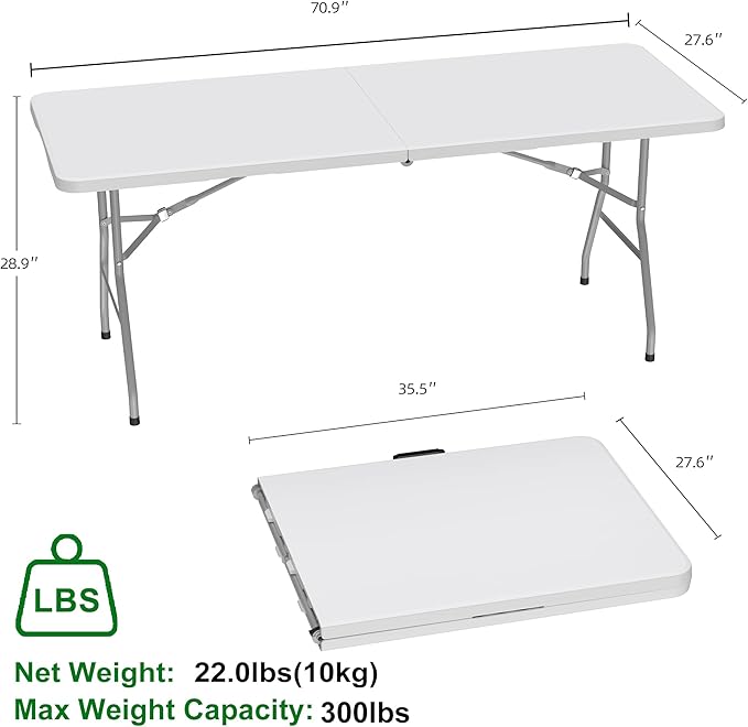 Allpop 6Ft Folding Table for Indoor Outdoor, Fold-in-Half Portable Plastic Dining Table with Carrying Handle for Picnic Party Camping, White-NeatNest