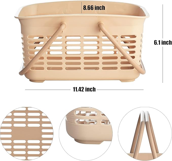 ALINK Plastic Shower Caddy Basket with Handle, Portable Organizer Storage Basket for College Dorm, Bathroom, Kitchen - Khaki