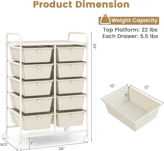Moccha Rolling Cart with 10 Drawers - Storage Drawers Organizer with wheels for Craft Art Supply Paper Salon, Multipurpose Movable Utility Cart for Teacher Classroom, White