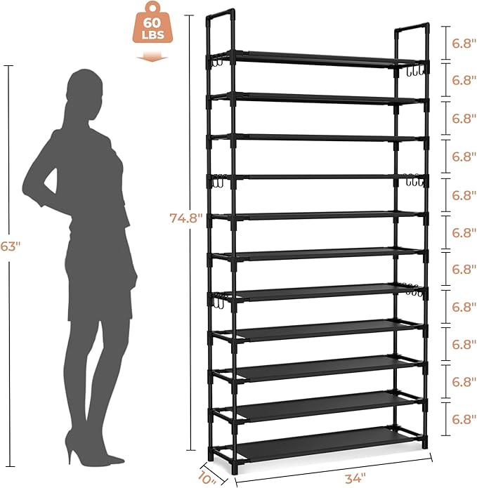 11 Tiers Tall Shoe Rack Holds 55 Pairs of Shoes with 18pcs Hooks Sturdy Wide Shoe Organizer Storage Free Standing Metal Shoe Shelf for Closet, Entryway Black-NeatNest