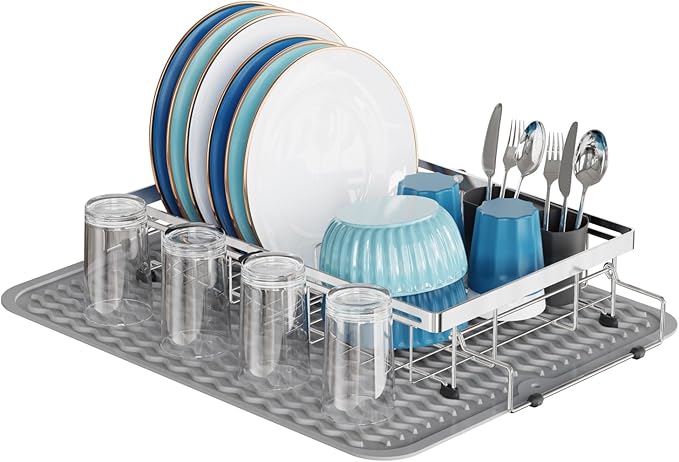 GSlife Stainless Steel Dish Drying Rack - Capacity Expandable in Sink Dish Drainer with Silicone Mat, Over Sink Dish Rack with Utensil Holder for Kitchen Counter, Large Capacity, Silver