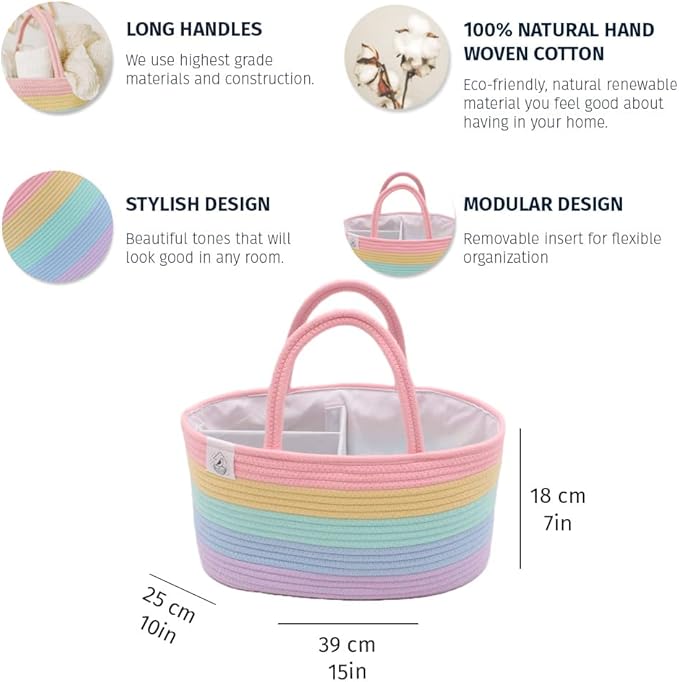 OrganiHaus Pastel Rainbow Basket | Rope Diaper Caddy Basket | Baby Diaper Caddy Organizer | Nursery Basket & Baby Baskets for Newborn Baby Diaper Organizer for Rainbow Decor | Diaper Storage Organizer