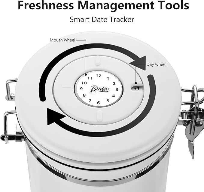 Bincoo Coffee Canister, Airtight Stainless Steel Coffee Bean Storage Container with Date Tracker, Home Kitchen Food Storage Organizers for Grounds,Beans,Espresso,Sugar,Scoop,Bar (1200ML-White)-NeatNest